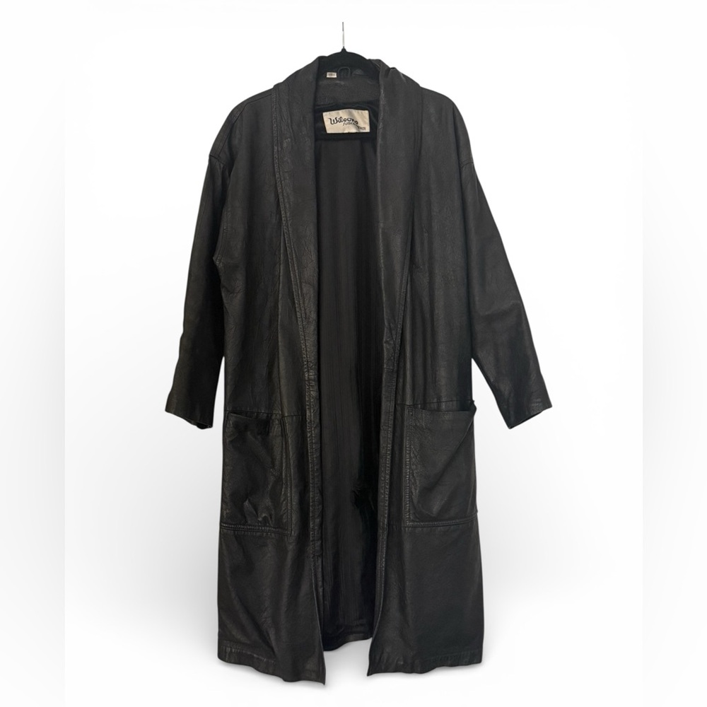 Wilson Black Leather Overcoat Long Open Lined Pockets Women’s M